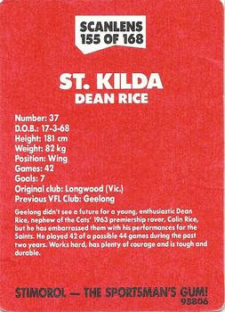 1989 Scanlens VFL #155 Dean Rice Back